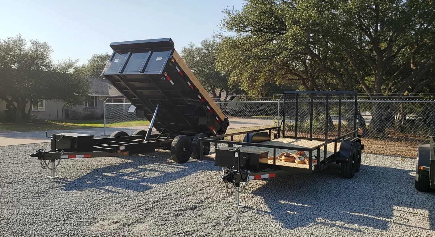 Variety of rental trailers including dump trailers, equipment trailers, and utility trailers parked in a row