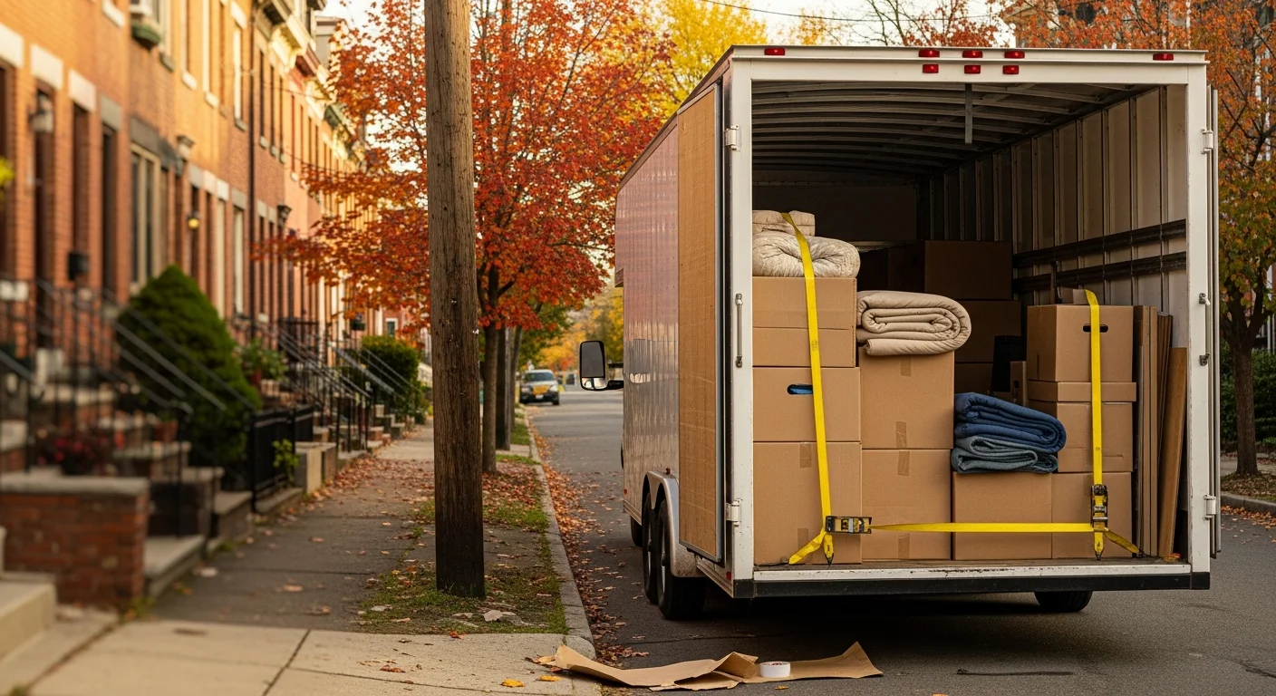 Utility trailer loaded with household items and boxes ready for transport