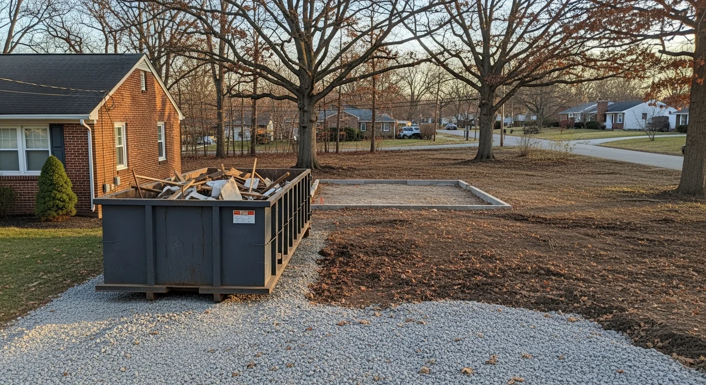 Dumpster trailer locked in place on a residential property ready for debris loading
