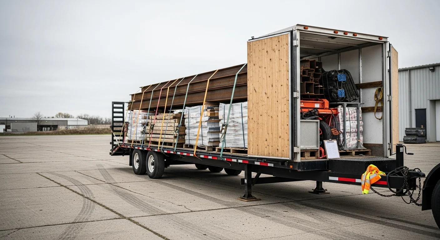 A heavy-duty rental trailer loaded with commercial materials parked at a business facility in Dauphin County, Pennsylvania. The trailer is hitched and ready for transport on a paved commercial lot.