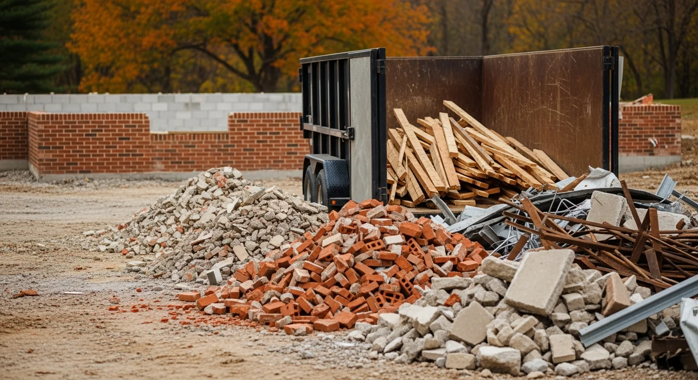 A loaded roll-off trailer filled with construction debris including wood framing, drywall, and concrete block sitting in a residential driveway in Dauphin County, Pennsylvania. The job site behind it shows an active home renovation in progress.