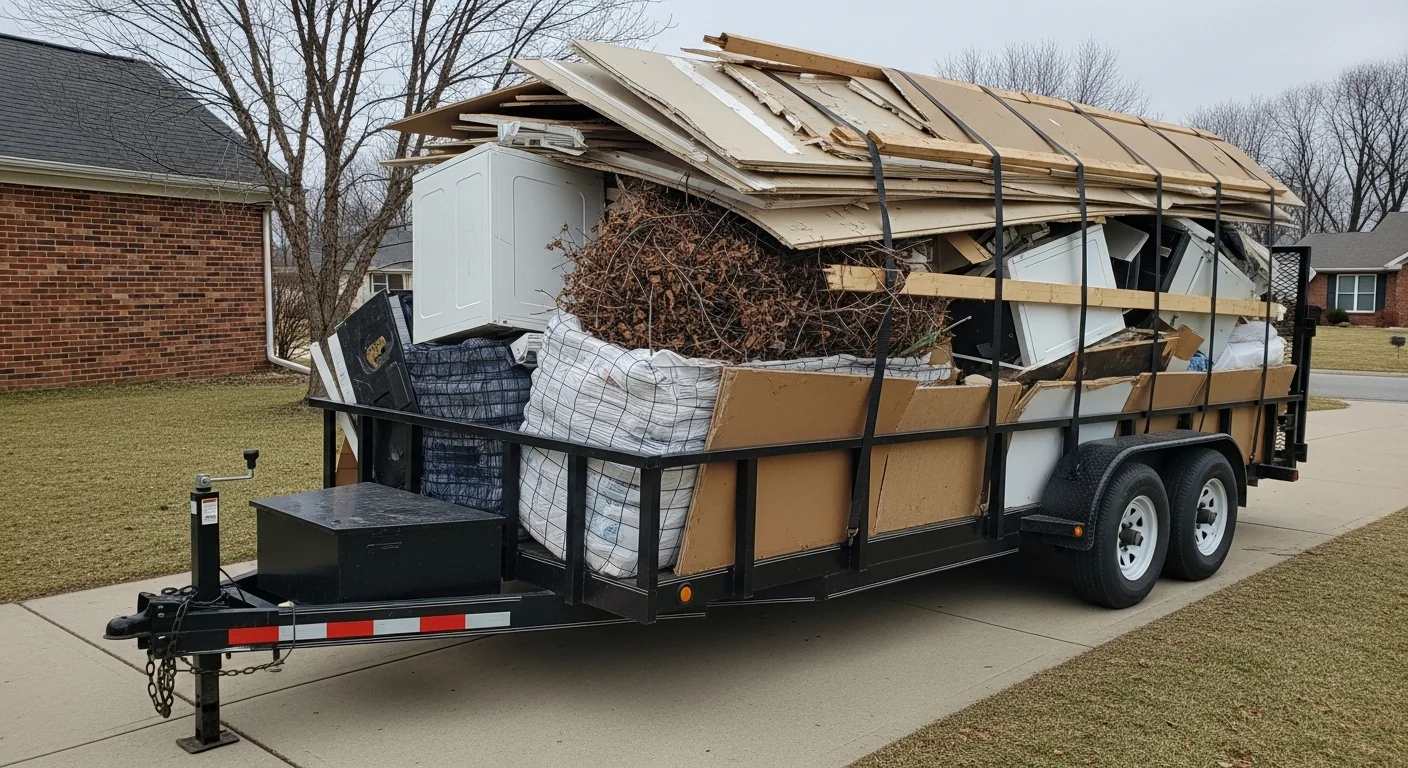 A loaded trailer filled with mixed construction debris and yard waste sitting in a residential driveway in Dauphin County, Pennsylvania. The surrounding property is cleared and ready for use after a full debris removal service.