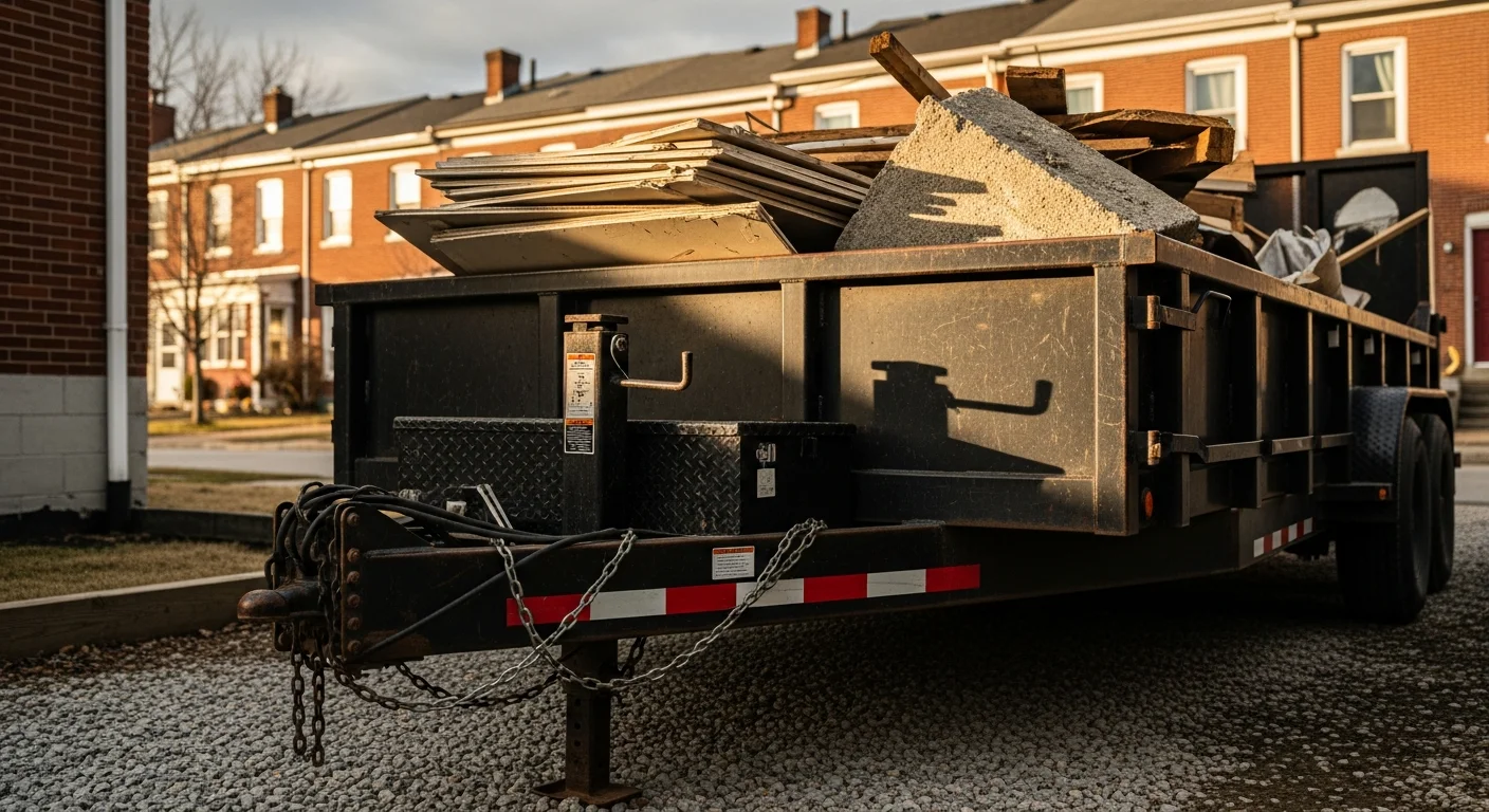 A loaded dump trailer parked on a residential driveway in Dauphin County, Pennsylvania, filled with yard debris and construction waste from a home cleanout project. The trailer sits level on a paved surface with a residential property visible in the background.
