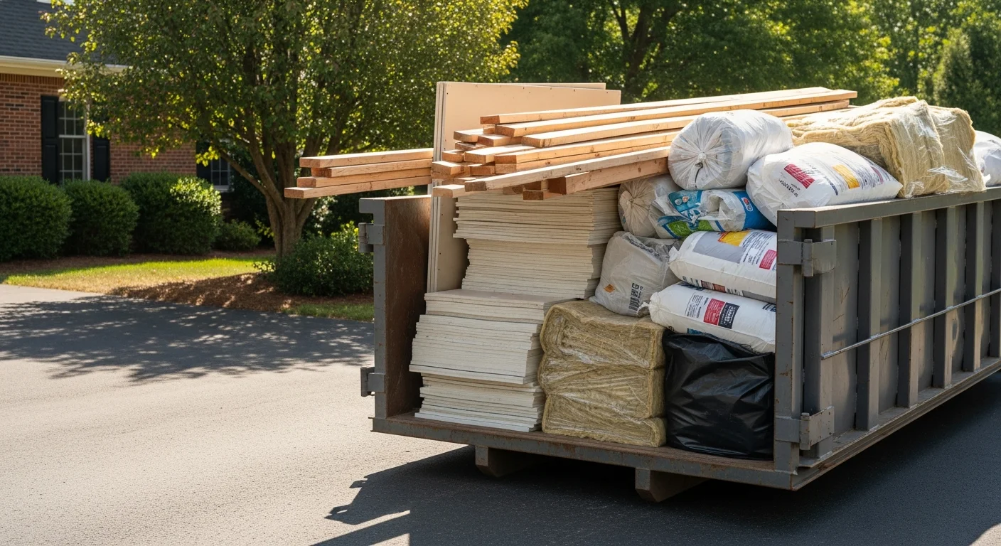 A roll-off dumpster placed on a residential driveway in Dauphin County, Pennsylvania, filled with renovation debris and construction waste. The container sits on a paved surface beside a two-story home during a remodeling project.