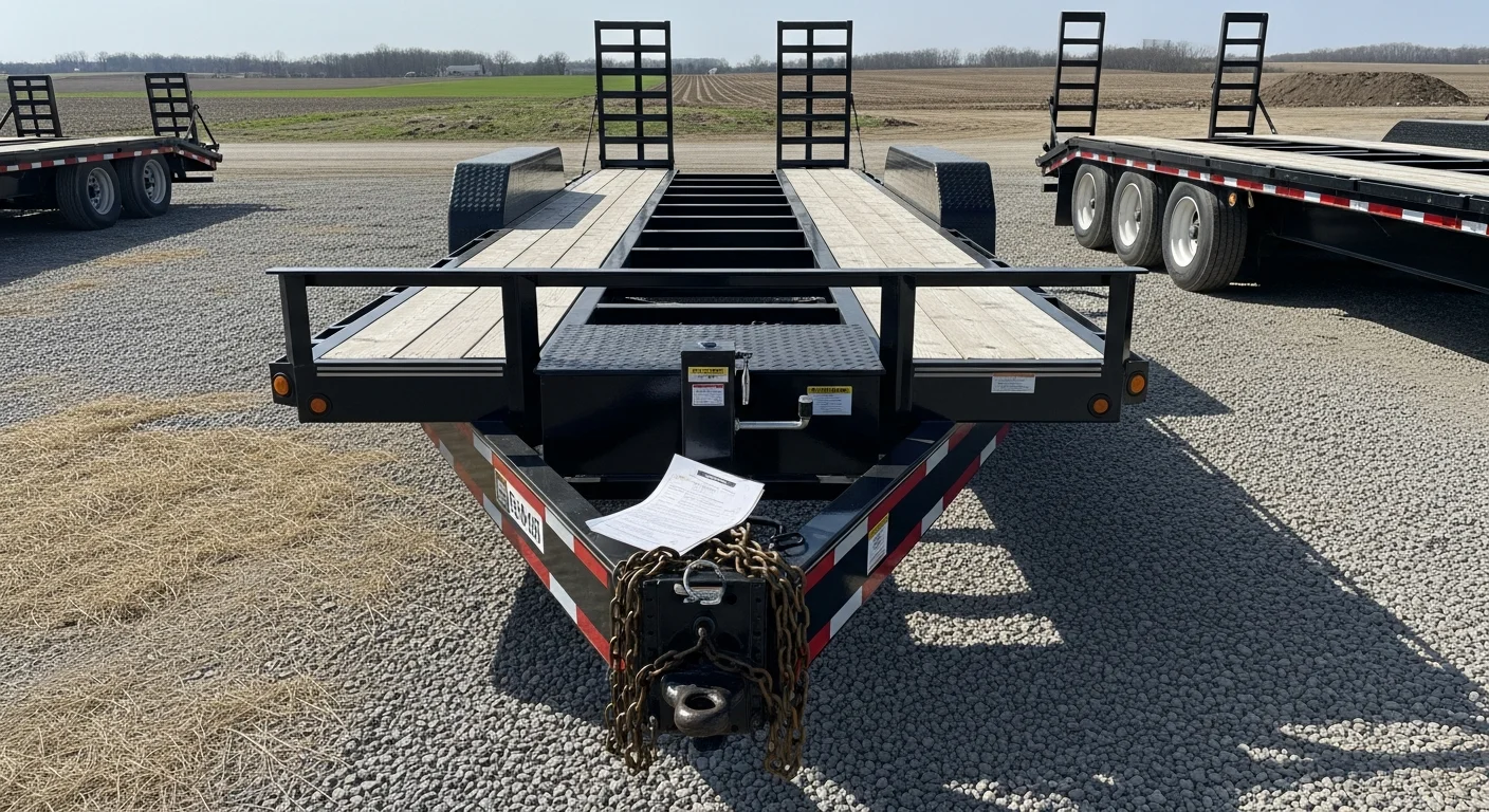 A heavy-duty equipment trailer loaded with a skid steer, parked at a job site in Dauphin County, Pennsylvania. The trailer is hitched to a pickup truck on a paved surface near an active construction area.