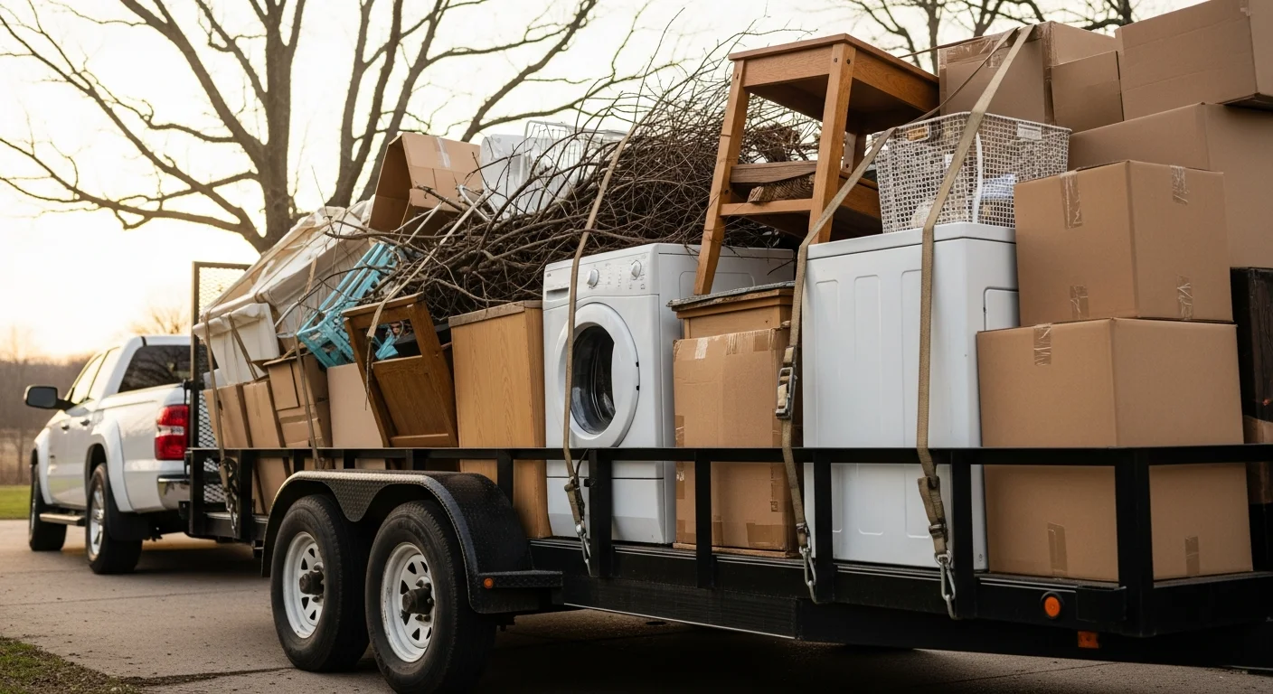 A cleared residential garage in Dauphin County, PA after junk removal, with old furniture and debris hauled away and the floor space fully open. A 5 Star Trailer Rental truck is visible in the driveway with a loaded trailer ready for disposal.