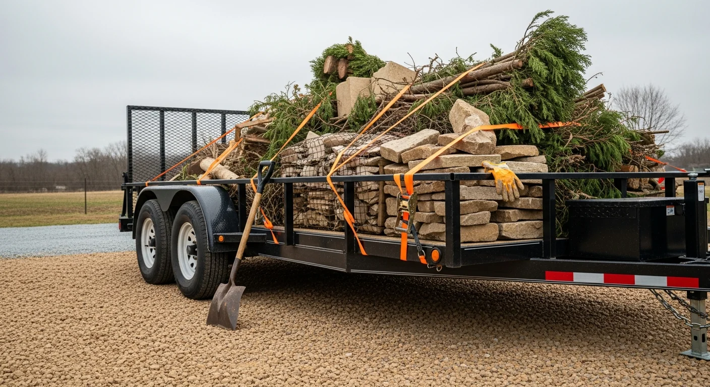 A landscape trailer loaded with yard debris and brush parked on a residential property driveway in Dauphin County, Pennsylvania. The trailer is hitched to a pickup truck ready for hauling to a disposal site.