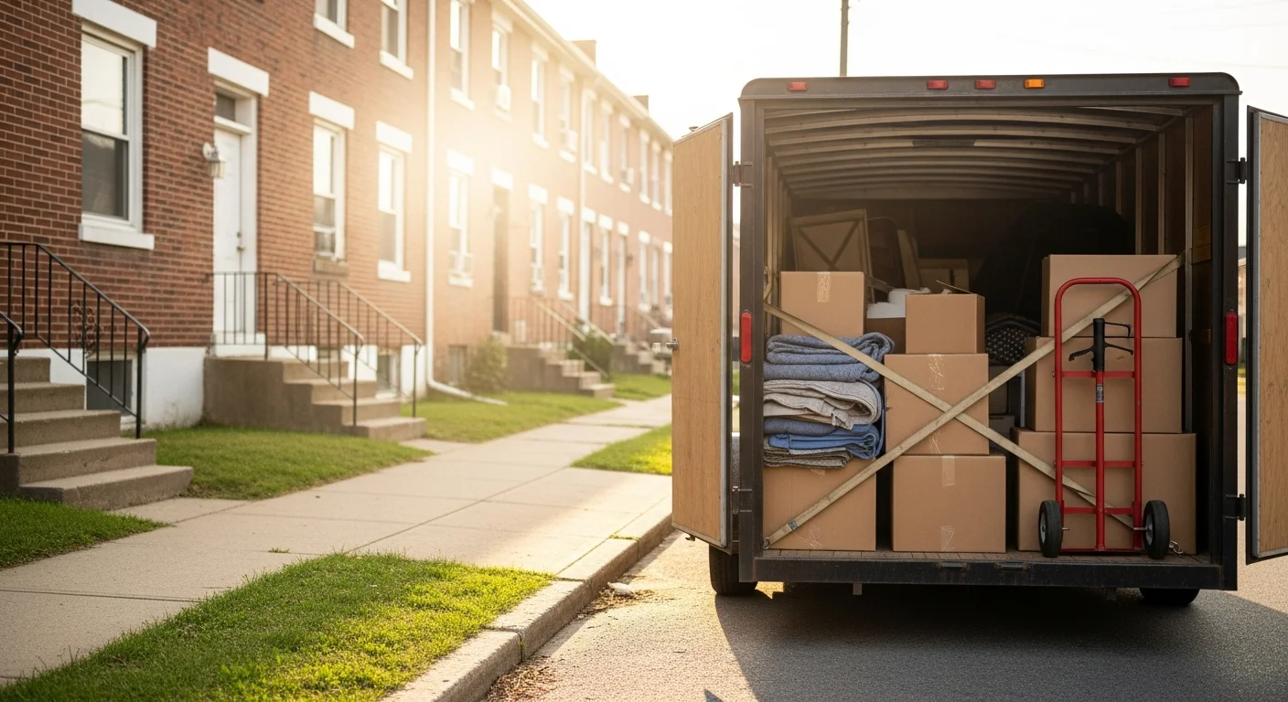 A loaded moving trailer parked outside a residential home in Dauphin County, Pennsylvania, with boxes and furniture secured inside ready for a local move. The surrounding street reflects a typical Dauphin County neighborhood with mixed housing styles.