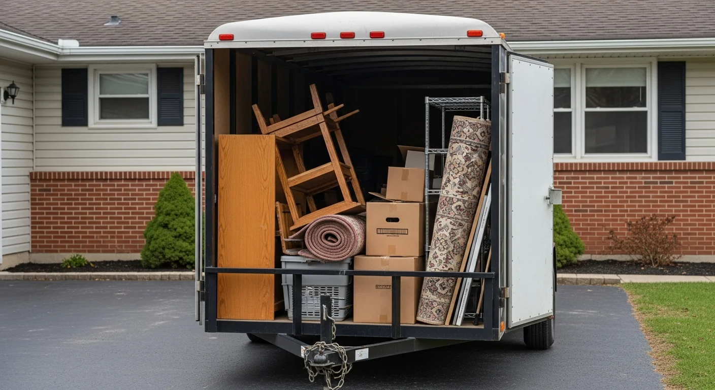 A loaded residential hauling trailer parked outside a single-family home in Dauphin County, Pennsylvania, filled with furniture and household items ready for removal. The home's driveway and front yard are clear after a full garage and basement cleanout.