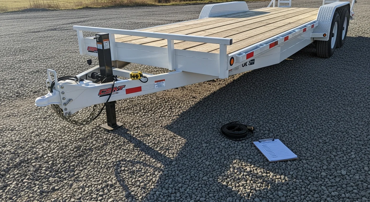 A rental trailer parked and ready for use at a job site in Dauphin County, Pennsylvania. The trailer is positioned on a flat surface with open access, ready for loading.