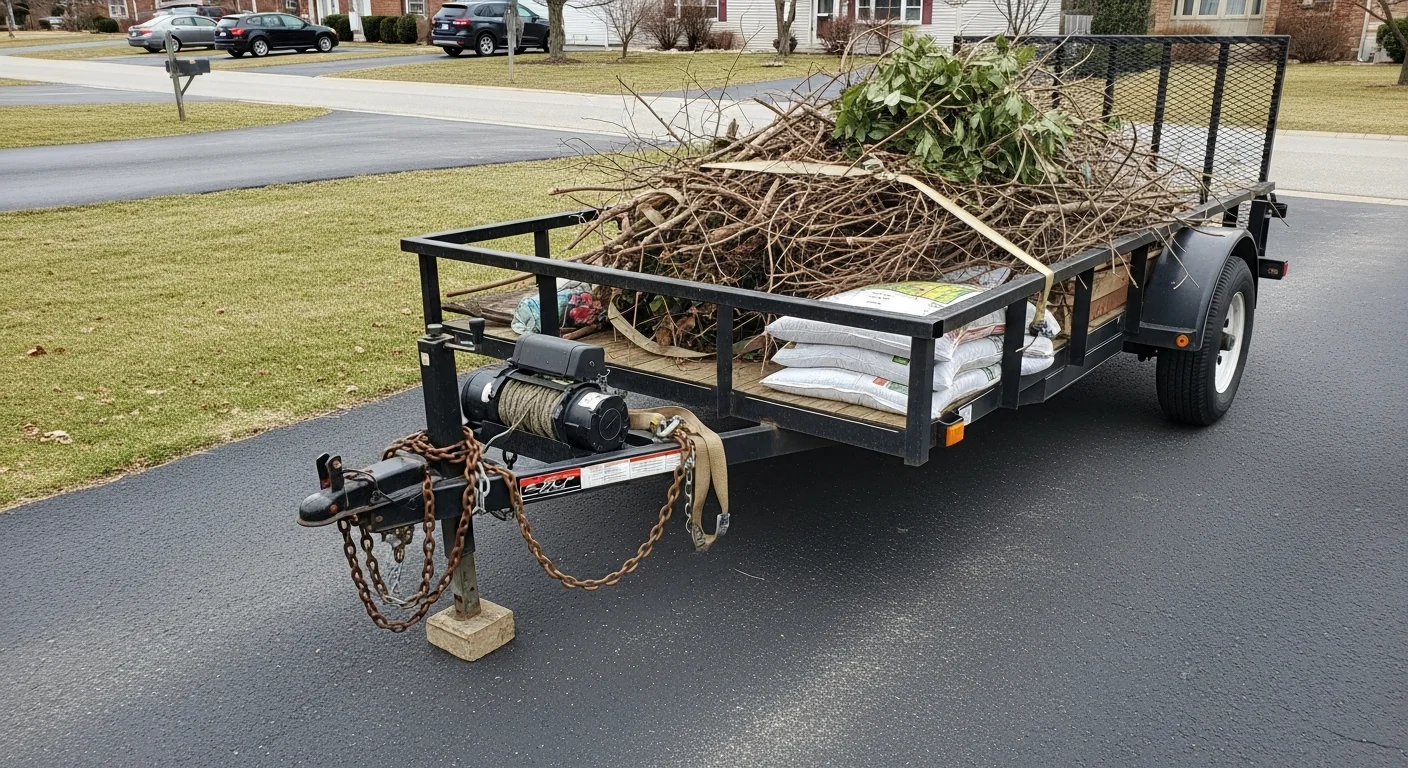 A loaded utility trailer parked on a residential property in Dauphin County, Pennsylvania, filled with yard debris and landscaping materials ready for hauling. The trailer is hitched to a pickup truck on a paved driveway near a single-family home.