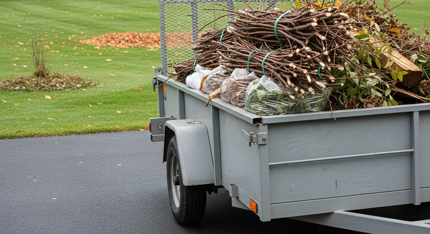 A loaded trailer filled with branches, leaves, and yard debris parked in a residential driveway in Dauphin County, PA. The surrounding lawn is cleared of landscape waste after a seasonal cleanout.